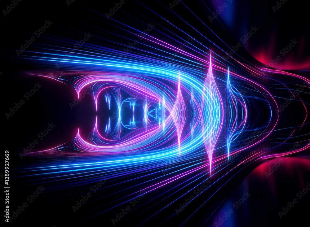 Poster abstract glowing lines in blue and pink create a dynamic, futuristic design against a black backgrou