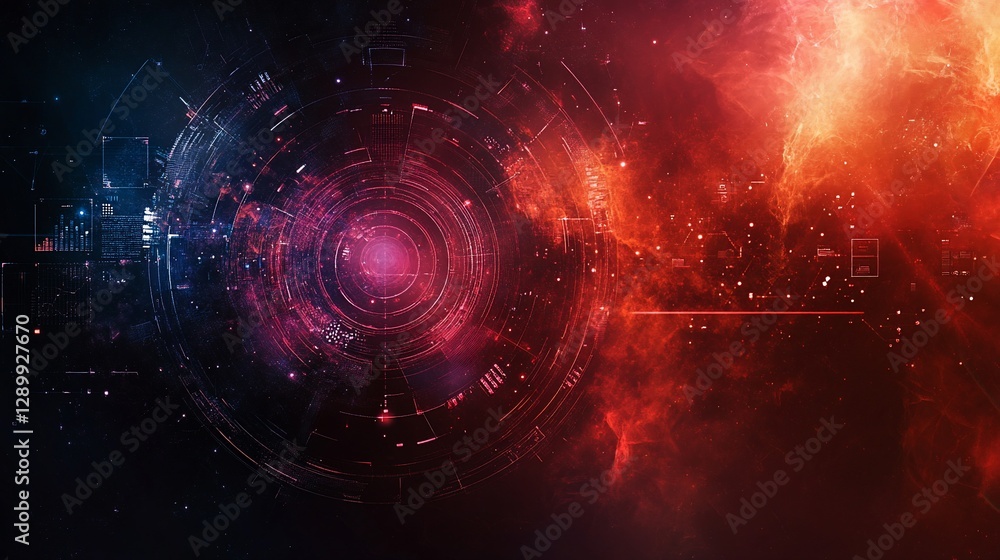Aufkleber abstract cosmic tech interface with circular patterns and fiery nebulous background