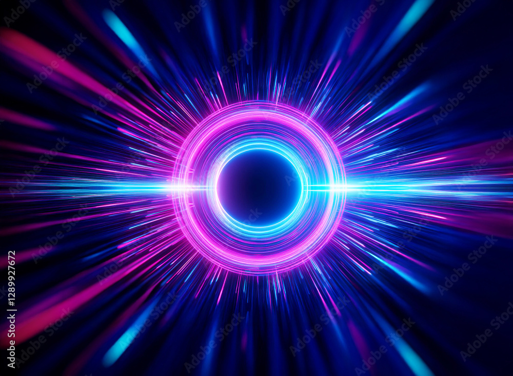 Poster a vibrant neon circle bursts with pink and blue rays on a dark backdrop, creating a dynamic and abst