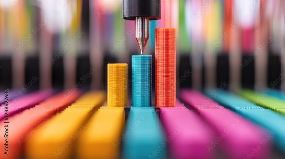 Poster molding stock bar concept. 3d printing machine molding a colorful bar graph representation of data