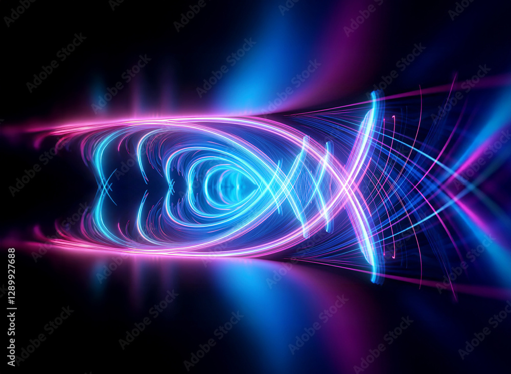 Poster abstract neon lines glow in pink and blue, forming a tunnel shape against a dark backdrop. illuminat