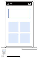 Large smartphone screen with grid layout, battery, signal, and wireless icons. Retro phone comparison. Ideal for technology, communication, design, progress apps interface studies abstract line