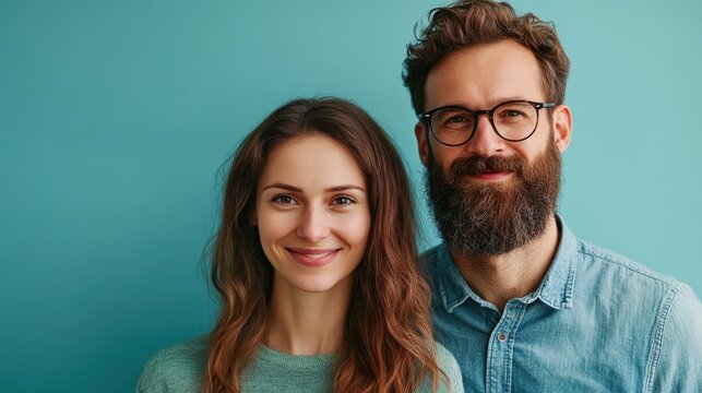 Man and woman smiling at the camera in a cheerful outdoor setting with greenery and bright natural lighting