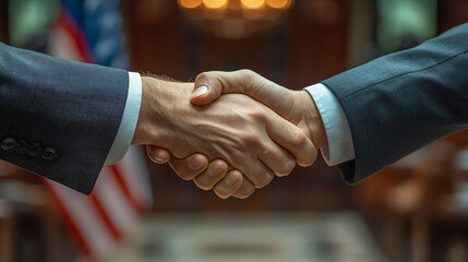 Handshake of two people, making agreements, deal with a blurred American flag on the background