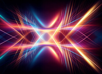 Vibrant abstract image featuring intersecting lines of blue, orange and purple hues.  Dynamic geometric pattern with a futuristic and energetic feel on a dark backdrop.