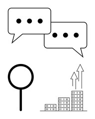 Speech bubbles signify conversation, magnifying glass conveys analysis, upward arrows with buildings show business growth. Ideal for communication, teamwork, strategy, success, progress, marketing