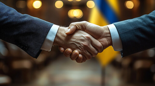 Handshake of two people, making agreements, deal with blurred Ukrainian flag on background