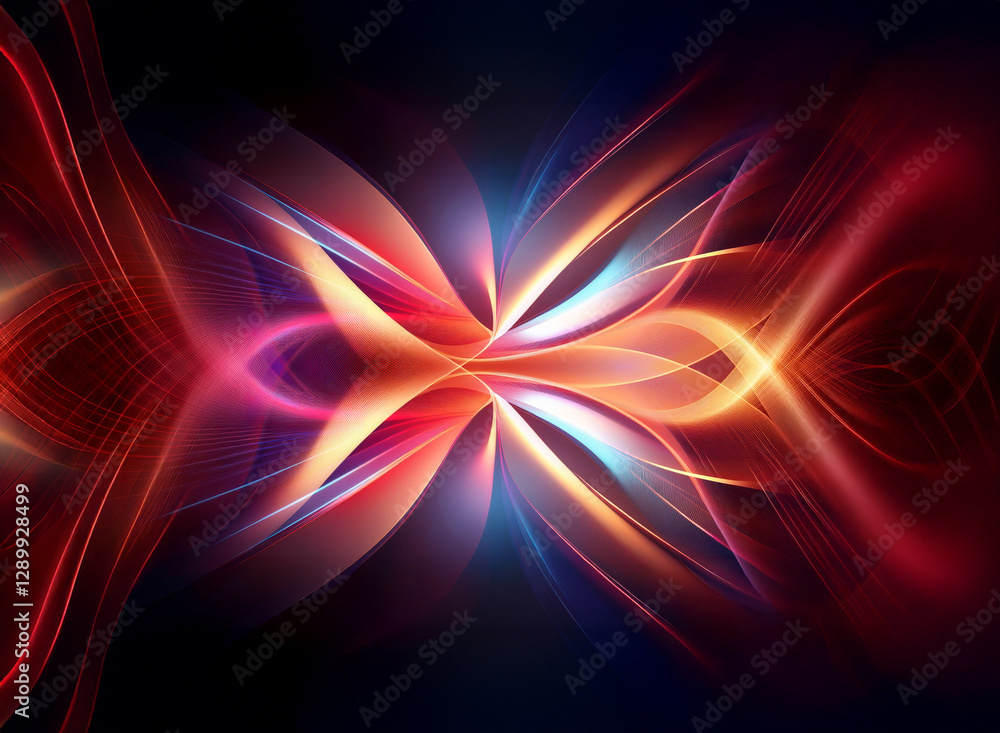 Poster abstract glowing shapes with vibrant colors radiate from the center on a dark background, creating a