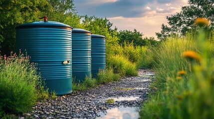 Obraz premium Three blue barrels placed on a textured gravel road under natural light