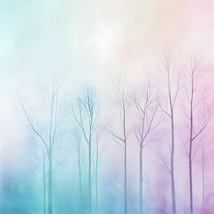 Obraz premium serene abstract background featuring tall, bare trees against soft, pastel gradient. ethereal colors create calming atmosphere, perfect for nature inspired designs