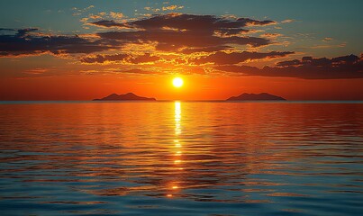 Obraz premium Vibrant sunset over calm waters with islands in the distance, creating a serene atmosphere.