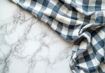Blue and White Checkered Fabric on Marble Surface for Modern Kitchen or Dining Table Setting with Textured Background Ideal for Food Photography
