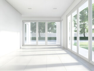 Obraz premium bright, empty modern hallway with large windows allowing natural light to fill space. clean lines and minimalistic design create serene atmosphere