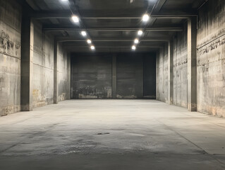 spacious industrial concrete interior with high ceilings and bright overhead lights, creating stark and minimalist atmosphere. empty space evokes sense of potential and versatility