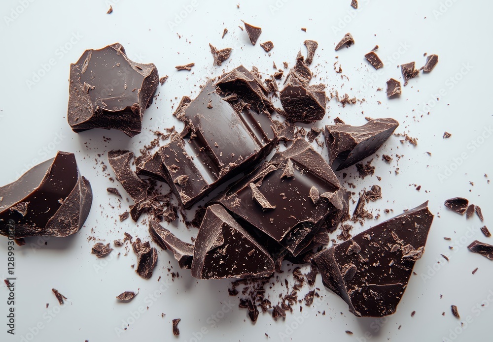 Poster broken dark chocolate pieces with shards scattered on white surface, close-up view capturing texture