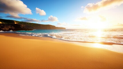 A serene beach scene at sunset with golden sand, gentle waves, and a vibrant sky filled with clouds.