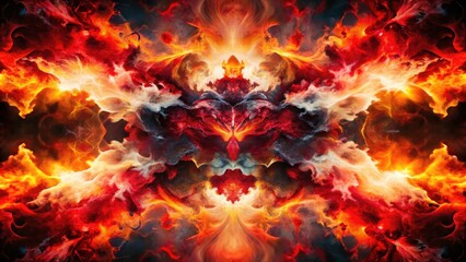 Fototapeta premium Abstract Fire and Shadow: Symmetrical Ink Blot Painting in Vibrant Colors