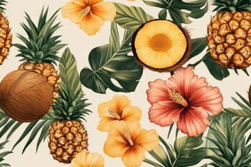 Naklejka premium Tropical paradise, bursting with fresh fruit and lush flora. ????- Seamless Pattern - Seamless Pattern