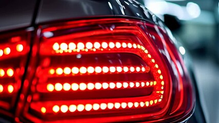 Modern red led tail light of luxury car at night closeup. Bright brake light design with bokeh background. Automotive exterior detail concept and safety