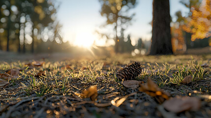 Obraz premium Close Up of Pine Cone on Grassy Ground at Sunrise