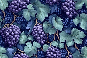 A pattern of ripe grapes with verdant leaves creates an inviting theme.- Seamless Pattern - Seamless Pattern