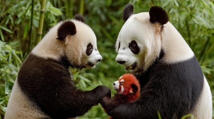 Fototapeta premium Two giant pandas interact gently with a red panda in a lush bamboo setting, showcasing a moment of wildlife harmony.