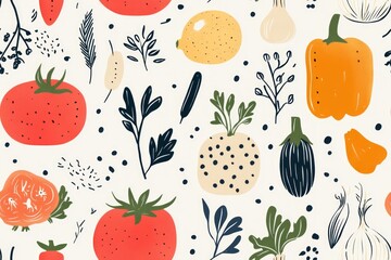 A lively pattern featuring an assortment of colorful vegetables and herbs.