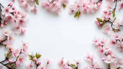 Obraz premium Pink flowers and green leaves arranged on a white background creating a natural and fresh floral composition