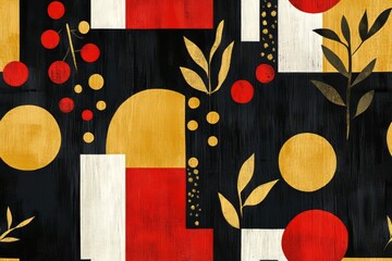 Abstract Geometric and Botanical Art - Red, Gold and Black Color Palette