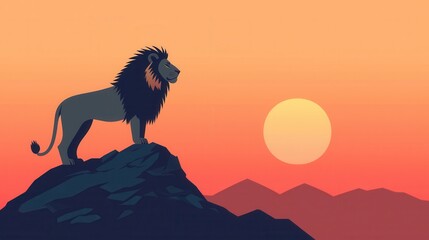 Naklejka premium A majestic lion stands on a rock at sunset, silhouetted against a gradient sky, symbolizing strength and beauty in nature.