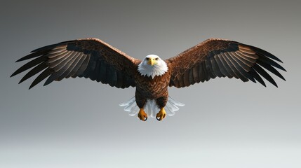 A majestic bald eagle soars with its wings fully extended, showcasing its powerful presence against a smooth, neutral background.