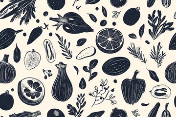 Vegetable and Fruit Pattern: An artistic design featuring many produce items.