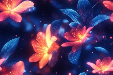 Glowing floral pattern with ethereal and vibrant blooms on a dark background.