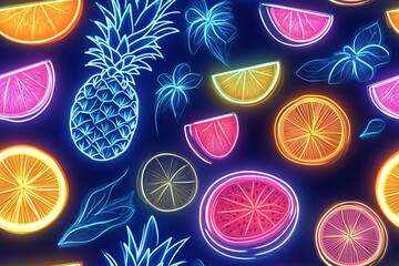 Neon fruit and floral pattern against a dark blue backdrop.