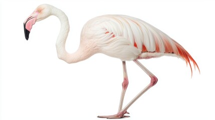 A graceful flamingo stands elegantly, showcasing its long legs and distinctive pink accents against a white background.