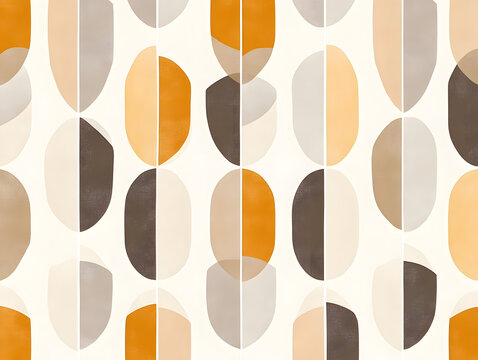 Fototapeta seamless pattern featuring Scandinavian inspired geometric shapes in warm tones of orange, beige, and brown, creating modern and stylish design