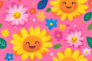 Fun floral pattern with smiling flowers on a pink background. Cute design.