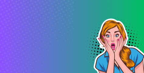 Expressive Pop Art Female Character with an Astonished Look on a Vibrant Background
