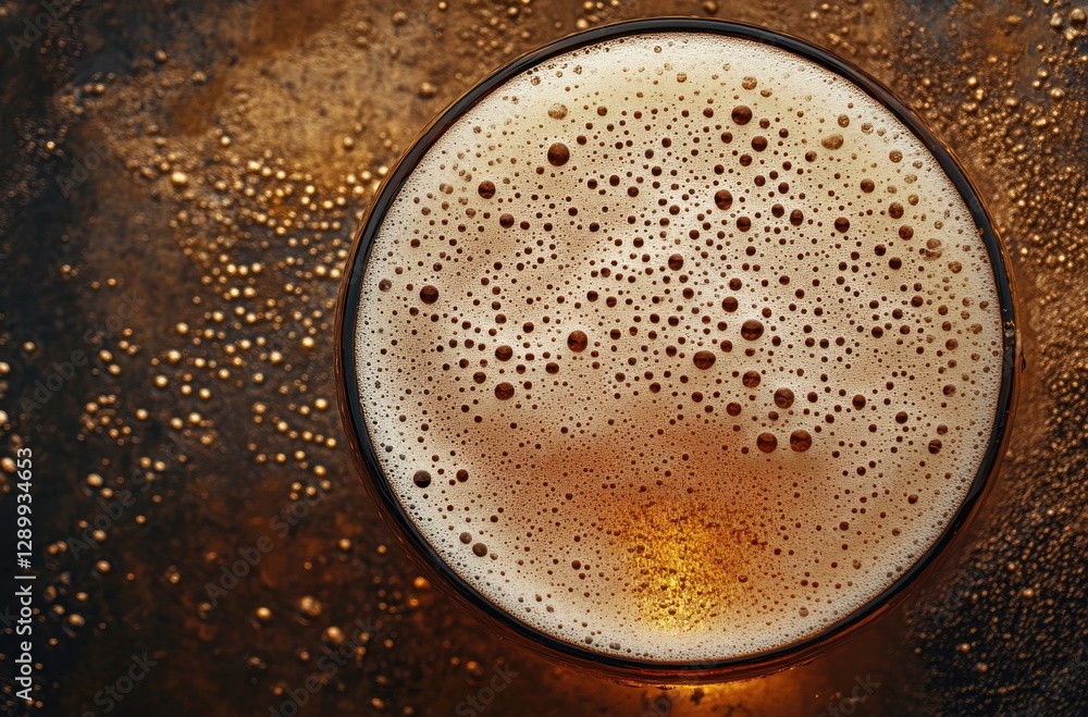Poster close-up view of a frothy beer glass on a rustic wooden table with droplets and textures creating an