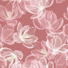 Floral seamless pattern features large, stylized white and pink magnolia flowers with a translucent or ghostly appearance on a solid terracotta-colored background, creating a light and airy design