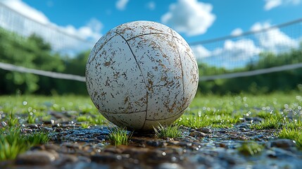 A volleyball with a net in the background on a grassy surface