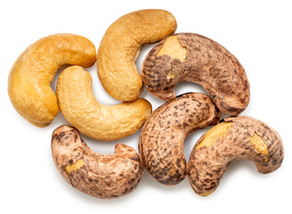 Roasted Cashew nut in shell isolated on white background. Roasted Cashew nuts isolated on white background