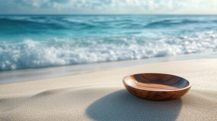 Wooden bowl placed on sandy beach with ocean waves in the background under clear blue sky