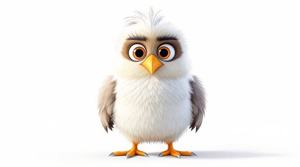 Adorable fluffy white bird with orange eyes, soft feathers, and a cartoon style, standing on a white background. Concept of cute animal characters. Ai generative
