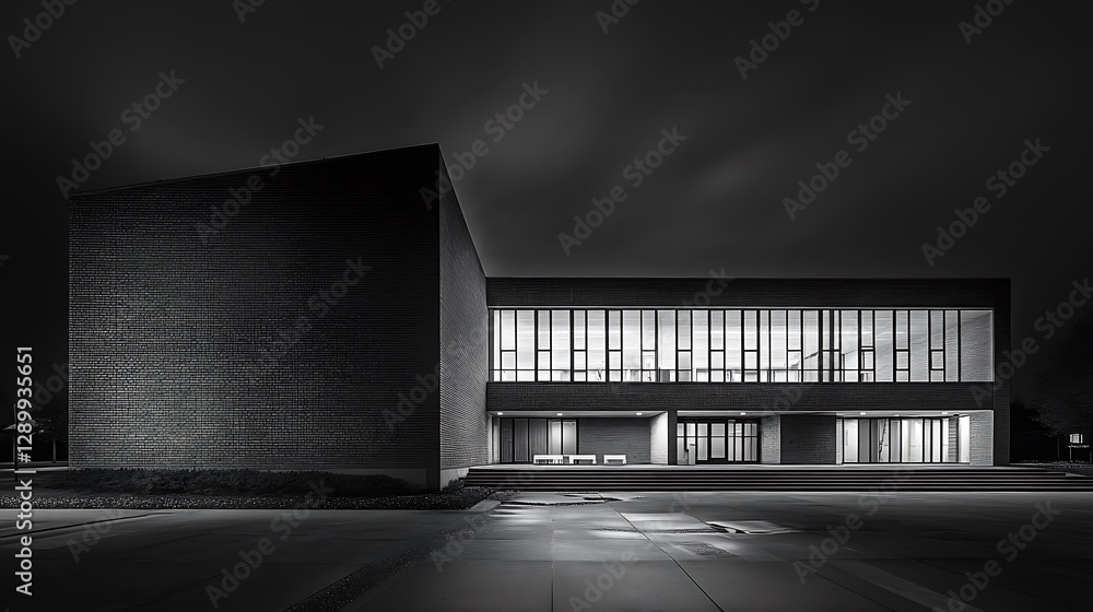 Poster modern architecture building at night with illuminated windows and dark sky