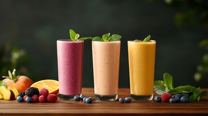 Fototapeta premium Three colorful smoothie glasses with fresh fruits on a wooden table, perfect for a refreshing drink.