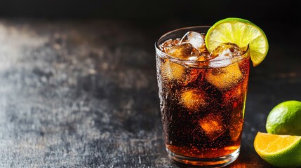 A refreshing glass of fizzy cola with ice and a slice of lime, perfect for any occasion.