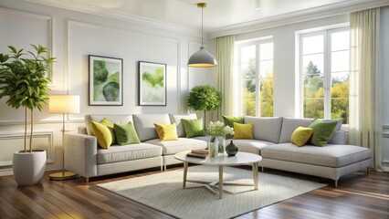 Fototapeta premium Bright Living Room Interior Design: Yellow & Gray Accents, L-Shaped Seating, Green Lamp
