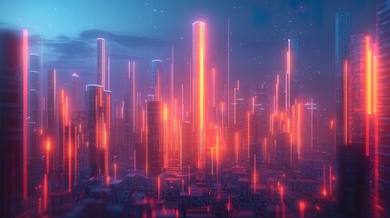 Fototapeta premium A glowing 3D bar chart rising against a digital cityscape background