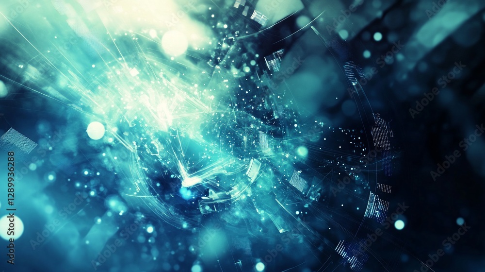 Poster abstract digital artwork with luminous teal patterns and bokeh effects creates a futuristic feel